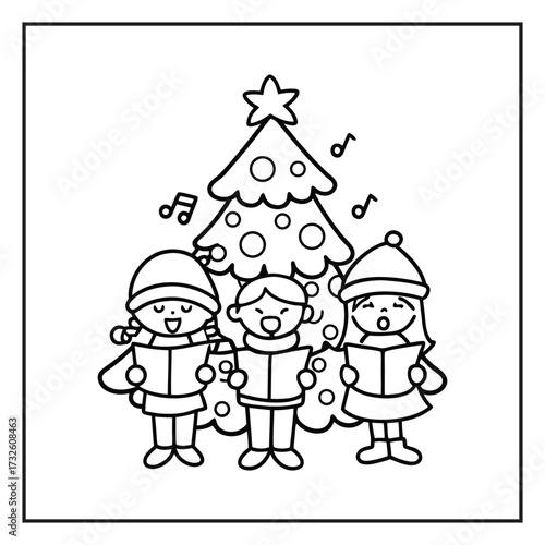 Christmas Carolers in Winter: Illustrative holiday cheer emanates from a trio of carolers singing festive songs under a twinkling Christmas tree, embracing the spirit of winter.