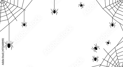 Halloween Spider Web Background with Black Spiders on White
