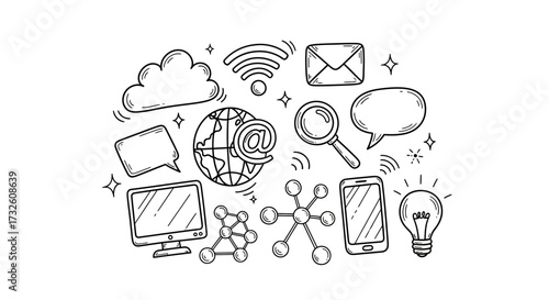 A hand-drawn illustration depicting various technological and communication symbols, arranged together.
