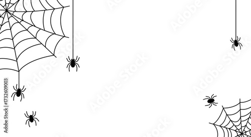 Minimalist Halloween Spider Web and Spiders on White Background Vector Illustration
