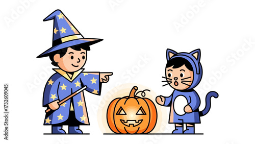 Halloween Costume: A pair of children engage in Halloween with playful costumes, a carved pumpkin with a glowing light, which embodies the spirit of magic and fun.