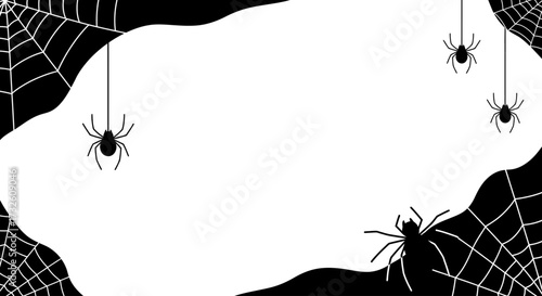 Spooky Halloween Frame with Spiders and Cobwebs - Black and White Vector Background