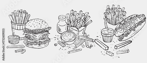 Hand drawn crispy French fries in containers, hamburger with lettuce and cheese, a hot dog topped with mustard. Perfect for restaurant branding, food blogs, packaging, menu design.