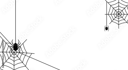 Minimalist Halloween Spiderweb and Spiders Border on White Background