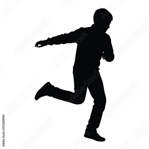 Dynamic silhouette of a man in motion running fast with arms extended outward side silhouette