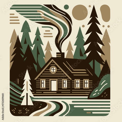 Cozy log cabin with smoke rising in a forest landscape  