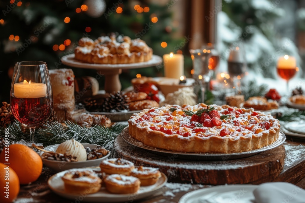 Fototapeta premium Christmas tree surrounded by festive food on a table.
