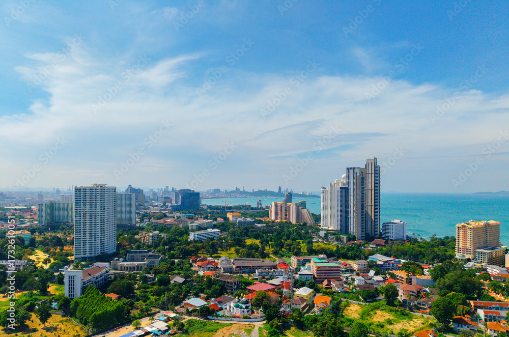 Obraz premium Aerial view daytime panorama of Beach with skyscrapers hotels in Pattaya, Chonburi, Thailand