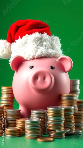 Piggy bank wearing a Christmas hat surrounded by stacks of coins in a festive atmosphere