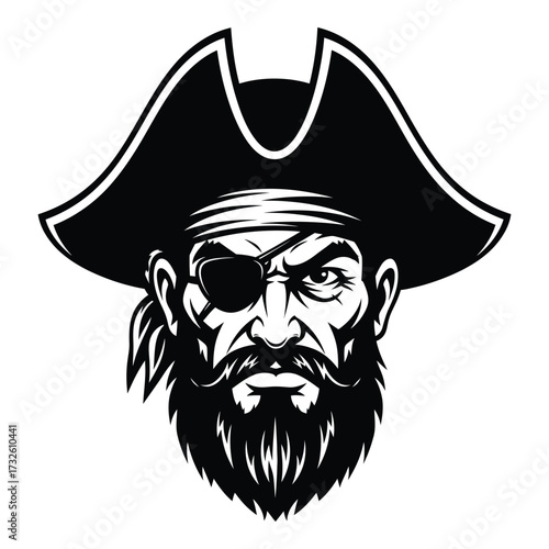 Fierce pirate portrait with eye patch and tricorne hat monochromatic graphic symbol silhouette