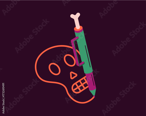 Illustration of a pen drawing a skull for Halloween. Halloween skull illustration drawn by pen. Spooky Halloween pen drawing of skull. Halloween vector illustration of pen sketching skull. 