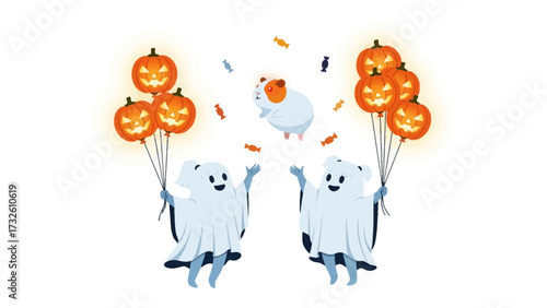 Halloween Whimsy: Delightful Halloween illustration featuring charming ghosts holding pumpkin balloons, with a playful guinea pig, and candy, all set against an artistic backdrop.