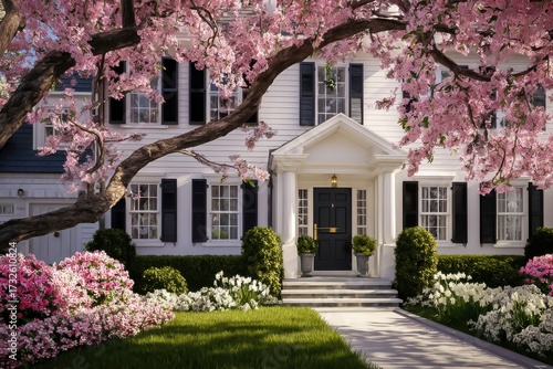 Beautiful Suburban Home in Springtime Bloom with Pink Cherry Blossoms Enhancing Curb Appeal and Architectural Charm