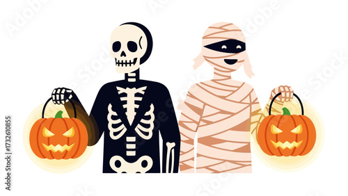 Spooky Halloween Figures: A whimsical illustration of a skeleton and mummy, each clutching a glowing jack-o'-lantern bucket, ready to collect treats on a vibrant All Hallows' Eve night.