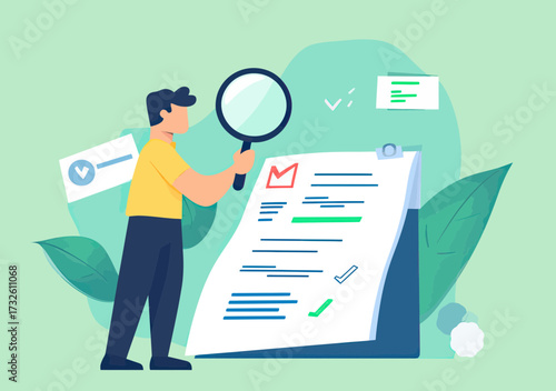 Businessman examining invoice document with magnifying glass accounting finance payment check concept flat vector illustration
