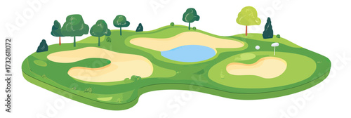 Isometric golf course vector illustration with sand bunkers pond trees green landscape minimalist design flat style