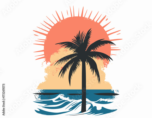 Wallpaper Mural Minimalist vector illustration of palm tree silhouette against large sun with ocean waves and bright sky background in summer beach style Torontodigital.ca