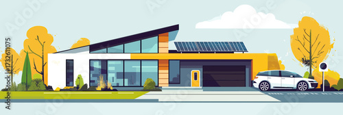 Modern eco house with solar panels electric car charging station sustainable architecture green energy renewable power minimalist flat vector design illustration