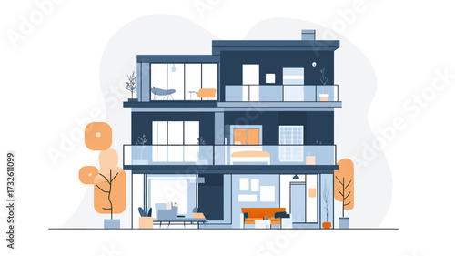 Modern multi story residential building exterior with large windows balcony minimalist urban architecture flat vector illustration