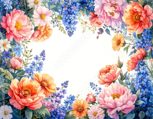 Floral heart-shaped frame.  Vibrant blooms