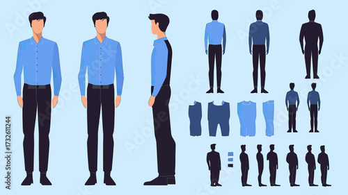 Flat vector business man character with blue shirt and black pants front side and back view with separate body parts and posture variations for animation and design use
