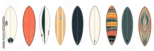 Set of diverse colorful surfboards with various designs and patterns in flat minimalist vector style on white background for summer beach sports and leisure activities