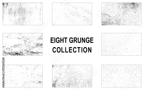 Collection of eight grunge dust and scratch texture. Vector bundle.