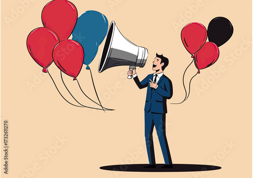 Businessman in suit shouting through megaphone surrounded by floating red blue and black balloons isolated on beige background