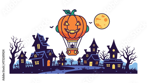 Halloween Village: A whimsical illustration of a Halloween village with a carved pumpkin hot air balloon floating gracefully overhead. The scene is complete with spooky houses, eerie trees.