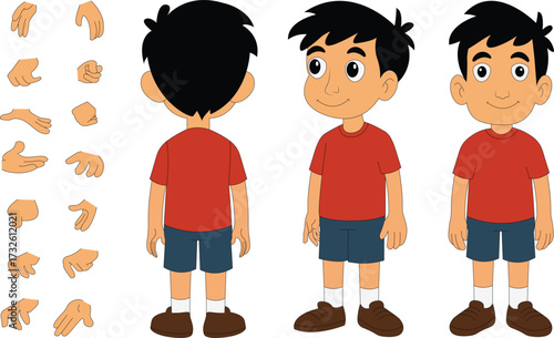 Cartoon Boy Character Design Set – Front, Side, and Back View Vector Illustration.