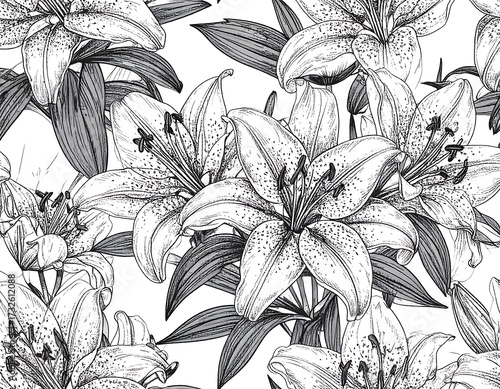 Floral lily print, black and white
