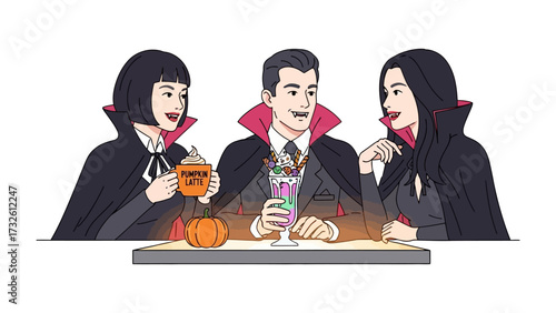 Halloween Vampire Friends at the Table: A charming trio of vampires, cloaked in classic attire, gathers at a table, each savoring the festive atmosphere with a drink and enjoying a Halloween night.