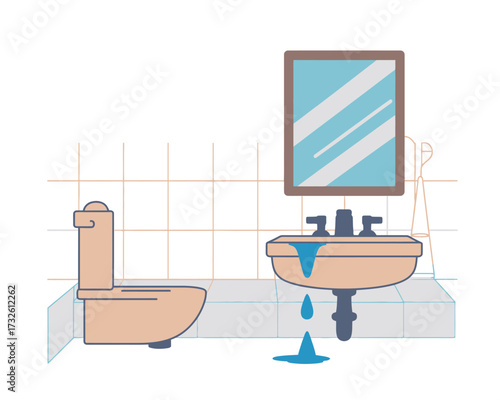 Leaking bathroom sink and toilet illustration with water damage