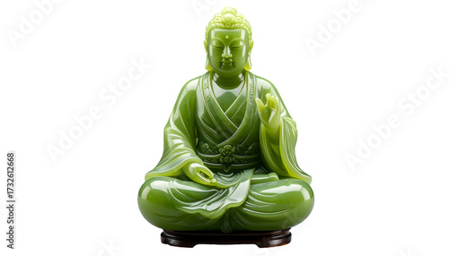 Green jade Buddha statue in meditation pose, serene and spiritual
