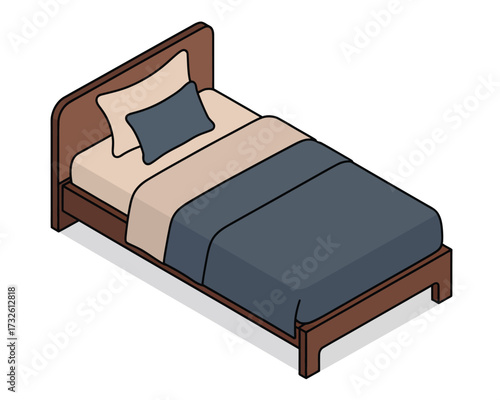 Cozy isometric view of a single bed with pillows and duvet