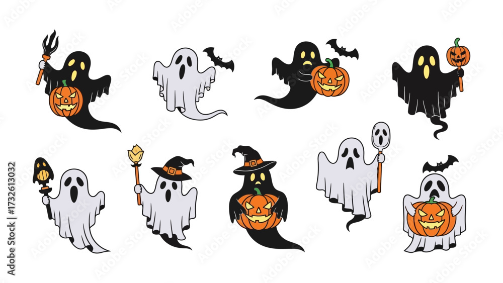 Fototapeta premium Halloween Ghost Collection: A curated collection of charming cartoon ghosts, perfect for Halloween. Each unique spirit is whimsically illustrated.