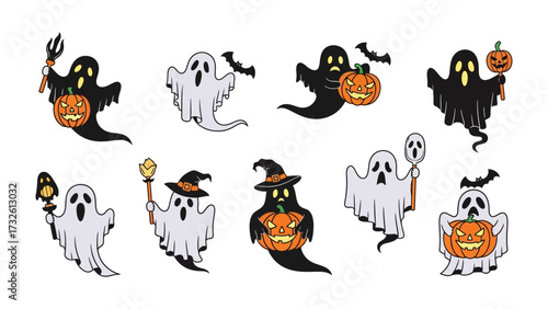 Halloween Ghost Collection: A curated collection of charming cartoon ghosts, perfect for Halloween. Each unique spirit is whimsically illustrated.