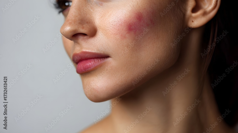 Obraz premium Close up profile of a woman s cheek with freckles and noticeable skin redness indicating inflammation