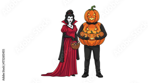 Enchanting Halloween Duo: A lady in a dramatic crimson gown and a person in a jovial pumpkin costume stand side-by-side, ready for Halloween festivities. 