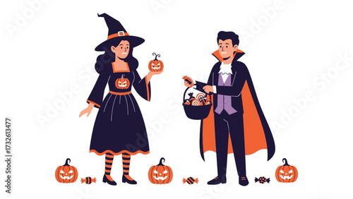 Halloween Gathering: Two figures in festive attire, embodying the essence of Halloween, share treats amidst a scattering of pumpkins and sweets. A spooky scene, evoking playful chills and excitement.