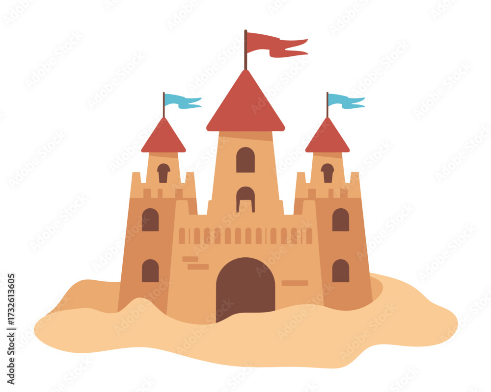 Fototapeta premium Cartoon sandcastle with flags on a beach