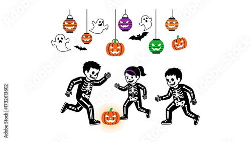 Halloween Celebration: Spooky decorations set the stage as children dressed in skeleton costumes frolic, embodying the playful spirit of Halloween. Pumpkins, ghosts.