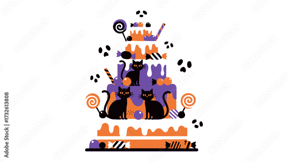 Obraz premium Halloween Delight: A whimsical illustration showcases a multi-tiered cake adorned with Halloween-themed sweets and quirky black cats, embodying the spirit of spooky celebration.