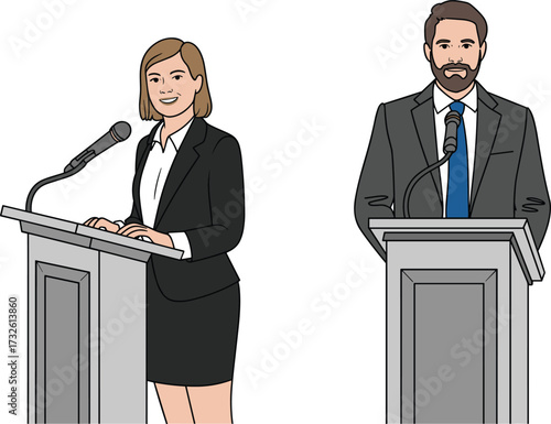 Political debate illustration, professional speakers at podiums, man and woman public speaking, formal presentation, leadership discussion, communication skills, election debate concept, conference st