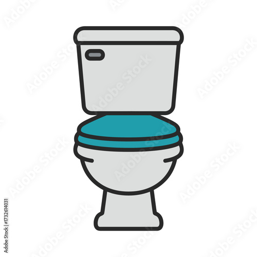 Modern toilet bowl with teal seat and silver tank