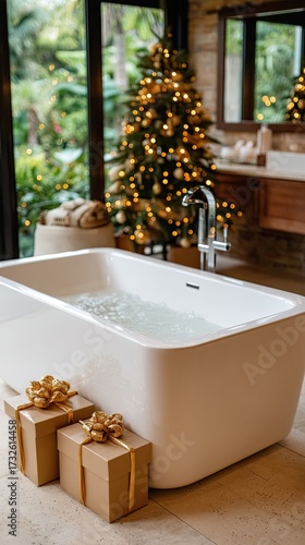 Luxurious bathroom offers ocean views, adorned with a Christmas tree and wrapped gifts for a festive vibe