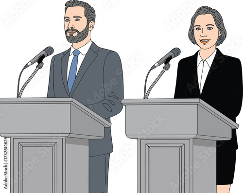 Political debate illustration, public speaking event, two speakers at podiums, formal presentation, leadership discussion, professional communication, conference stage, election debate concept