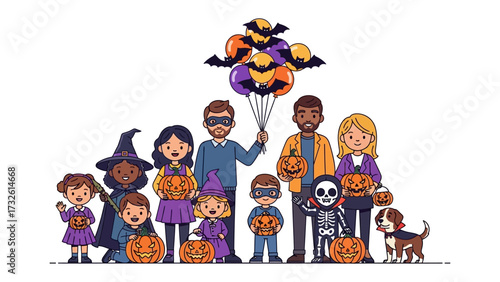 Halloween Family Gathering:  A lively group of people dressed in whimsical Halloween costumes gathers to celebrate the spooktacular event, Balloons in the air.