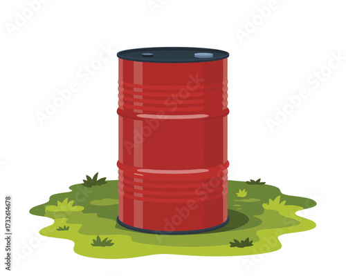 Red metal barrel standing on green grassy ground