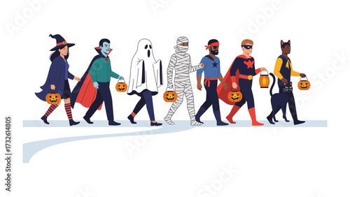 Halloween Costume Parade: A group of friends decked out in a variety of classic costumes stroll along, embodying the playful and spirited essence of Halloween. The image captures the anticipation.